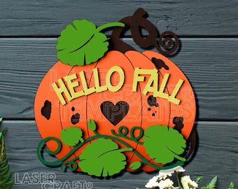 Colgante de puerta con forma de calabaza, diseño SVG, corte láser multicapa, letrero decorativo "Hola Otoño".