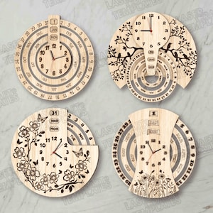 4 Perpetual Calendar väggklocka laserskuren svg-fil Glowforge kalender väggklocka svg-mall Kalender dxf-mall Väggklocka laser