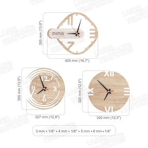 Puede incluir: Tres relojes de madera con manecillas negras y segunderos rojos. Los relojes tienen diferentes formas: un cuadrado, un c&iacute;rculo y un reloj redondo. El reloj cuadrado tiene la palabra "nine". Los relojes miden aproximadamente 320 a 425 mm.