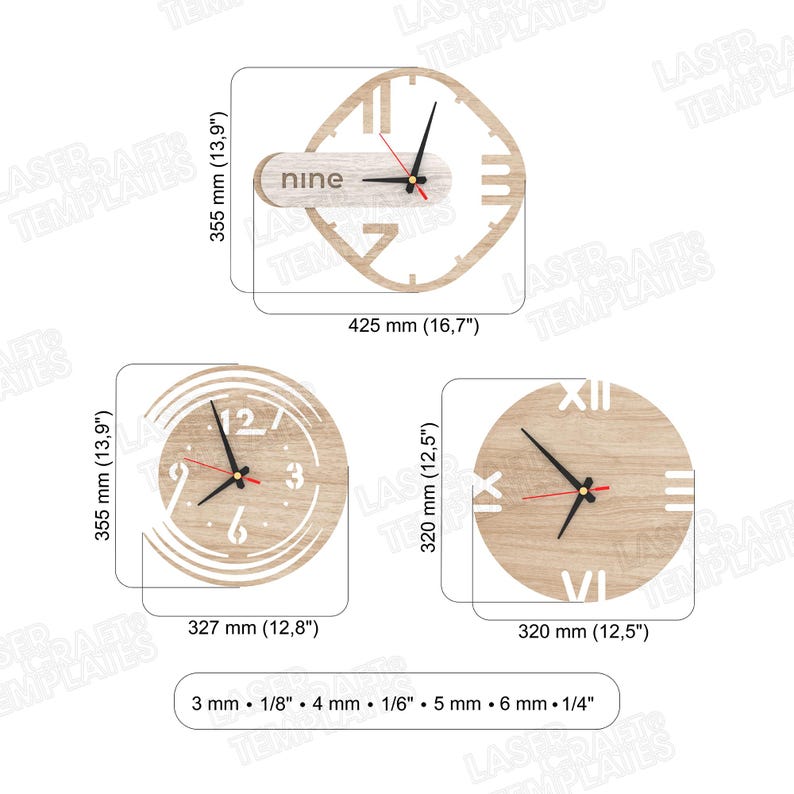 Puede incluir: Tres relojes de madera con manecillas negras y segunderos rojos. Los relojes tienen diferentes formas: un cuadrado, un c&iacute;rculo y un reloj redondo. El reloj cuadrado tiene la palabra "nine". Los relojes miden aproximadamente 320 a 425 mm.