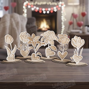 Standing personalized flowers 6 bundle laser cut svg file Glowforge Valentines flowers rose tulip svg  Multilayer Mothers day flowers laser