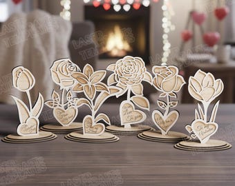 6 Standing Flower Laser Cut SVG Table Valentine Rose Tulip Love Decor