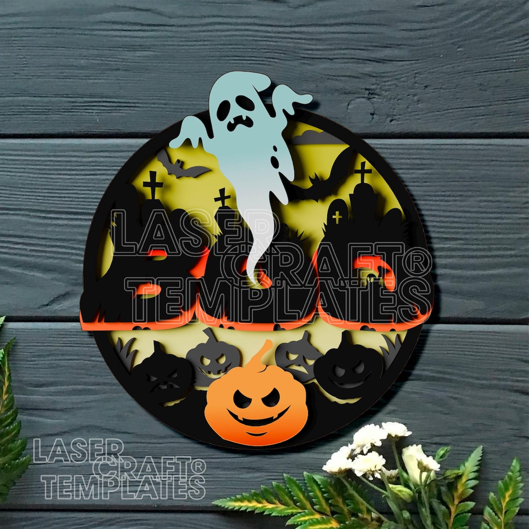 Boo Halloween Door Sign SVG Laser Cut Layered Ghost Round Door Hanger ...
