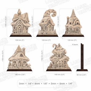 May include: Wooden laser-cut fairy house templates. The image shows five different house designs, each with intricate details and varying roof shapes. Dimensions are provided in inches and millimeters. The houses are mounted on a dark brown base.