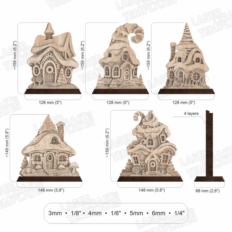 May include: Wooden laser-cut fairy house templates. The image shows five different house designs, each with intricate details and varying roof shapes. Dimensions are provided in inches and millimeters. The houses are mounted on a dark brown base.