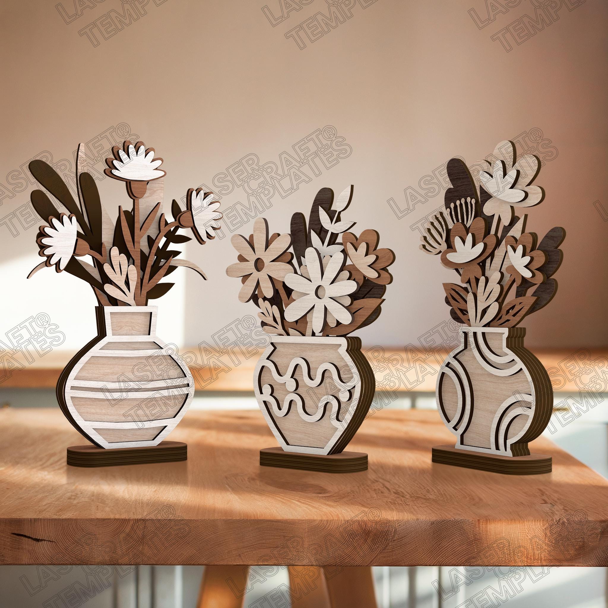Multilayer flowers vase decor 3 bundle laser cut svg file Glowforge 3d flowers vase svg Multilayer flowers pot template Mothers day flowers