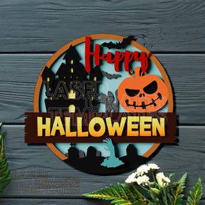 Halloween Round Door Hanger laser cut svg file Glowforge Halloween Sign Multilayer Halloween sign wall decor Halloween door sign dxf vector