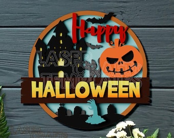 Halloween Round Door Hanger laser cut svg file Glowforge Halloween Sign Multilayer Halloween sign wall decor Halloween door sign dxf vector