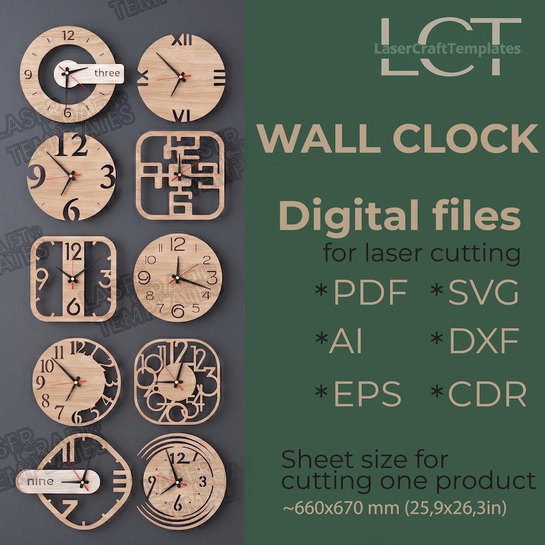 Puede incluir: Una colecci&oacute;n de relojes de pared de madera en varias formas, incluyendo dise&ntilde;os redondos y cuadrados. Los relojes presentan n&uacute;meros y manecillas recortadas. El texto "WALL CLOCK" y "Digital files for laser cutting" es visible.