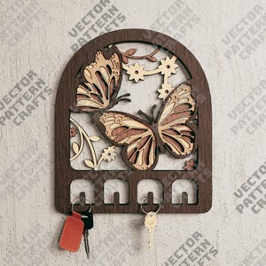 Archivo SVG de llavero de mariposa cortado con láser Plantilla DXF de llavero de pared de mariposa Glowforge Llavero multicapa láser Colgador de llaves de pared láser