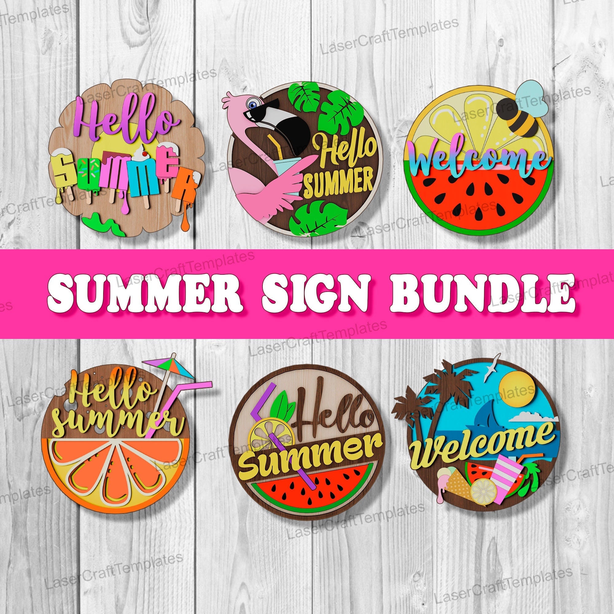 Hello Summer Welcome Sign bundle laser cut svg file Glowforge Summer Door Hanger Multilayer flamingo wall decor Welcome door sign dxf vector