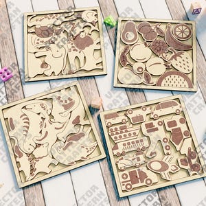 Educational kids puzzles 4 bundle laser cut file svg Glowforge montessori fruits puzzle dxf vector Animals puzzle laser Cars puzzle svg