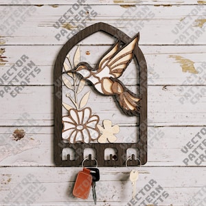 Multilayer colibri bird  key holder laser cut file svg Glowforge bird wall key holder dxf Key holder laser Wall key hanger svg laser file