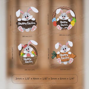 Pode incluir: Quatro designs diferentes para decora&ccedil;&otilde;es de coelho da P&aacute;scoa cortadas a laser. Cada design apresenta um coelho cinzento a segurar um cartaz ou uma cesta com o texto "Feliz P&aacute;scoa". Os designs est&atilde;o dispon&iacute;veis em quatro tamanhos diferentes: 25,4 cm, 27,9 cm, 29,2 cm e 30,5 cm.