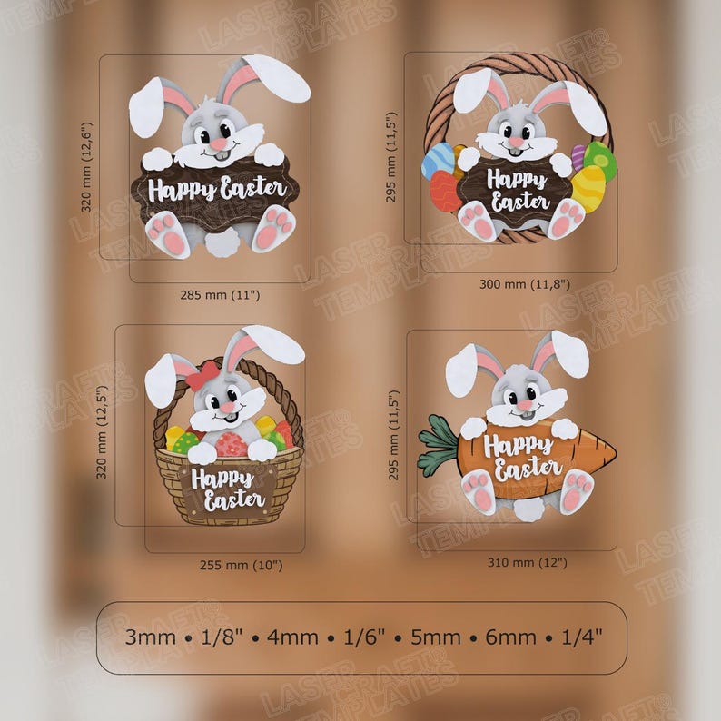 Pode incluir: Quatro designs diferentes para decora&ccedil;&otilde;es de coelho da P&aacute;scoa cortadas a laser. Cada design apresenta um coelho cinzento a segurar um cartaz ou uma cesta com o texto "Feliz P&aacute;scoa". Os designs est&atilde;o dispon&iacute;veis em quatro tamanhos diferentes: 25,4 cm, 27,9 cm, 29,2 cm e 30,5 cm.