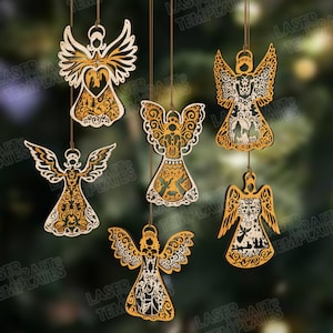 Puede incluir: Seis adornos de ángeles de madera cortados con láser con diseños intrincados. Los ángeles presentan alas detalladas y recortes decorativos, con una mezcla de madera natural y acentos dorados. Cada adorno cuelga de una fina cuerda marrón, perfecto para la decoración navideña.