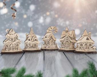 Paquete de 5 archivos SVG para corte láser de la casa de Papá Noel navideña, escena SVG multicapa de la casa de Papá Noel navideña para Glowforge, plantilla DXF de miniaturas navideñas