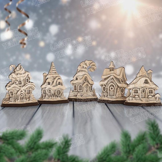 5 Christmas House SVG Laser Cut Multilayer Standing Village Miniatures