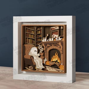 Halloween Ghost Library Shadow Box Lasergesneden SVG meerlagig wandpaneel