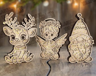 3 Christmas Lighted Figurine Laser Cut Reindeer Angel Gnome SVG  Night Light Decor