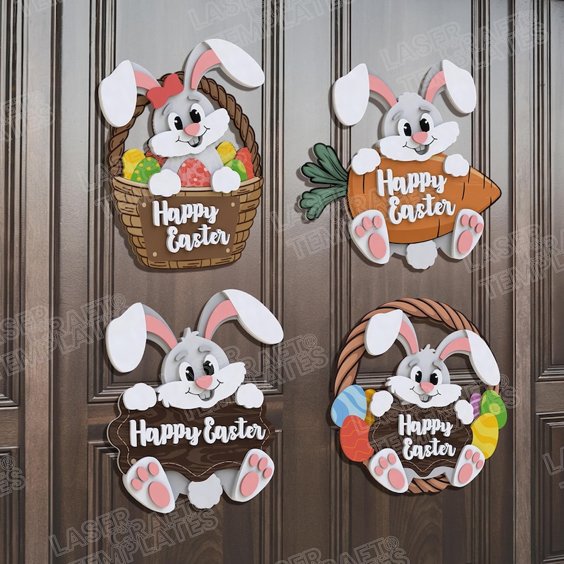 Pode incluir: Quatro decora&ccedil;&otilde;es de coelho da P&aacute;scoa de madeira com as palavras "Feliz P&aacute;scoa" em cada uma. Os coelhos est&atilde;o segurando cestas, cenouras e placas.