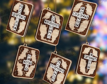 May include: Wooden ornaments with a cross design and religious words. Each ornament has a light wood center with a dark brown border. The words include "Peace", "Jesus", "Mercy", "Joy", "Grace", and "Faith".