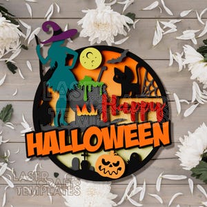 Halloween Round Door Sign laser cut svg file Glowforge Halloween Sign Multilayer Halloween sign wall decor Halloween door sign dxf vector