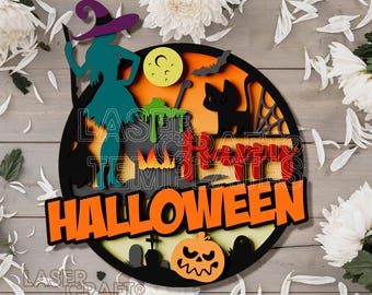 Halloween Round Door Sign laser cut svg file Glowforge Halloween Sign Multilayer Halloween sign wall decor Halloween door sign dxf vector