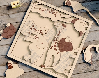 Rompecabezas de animales educativos, archivo cortado con láser SVG, rompecabezas de animales Montessori Glowforge, vector DXF, rompecabezas de animales, plantilla de rompecabezas de animales
