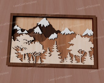 Laser cut multilayer mountain forest wall panel svg file Glowforge multilayer forest 3d wall art svg cricut Forest mandala dxf cnc vector