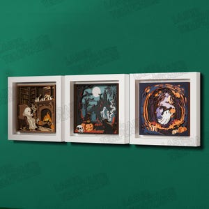 3 Halloween Shadow Box SVG Laserskuren Spöke Spökscen Väggkonst Panel