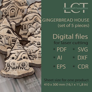 May include: Laser-cut wooden gingerbread house set of 5 pieces. The houses feature intricate details, including windows, doors, and decorative roof lines. The image also includes the text "GINGERBREAD HOUSE (set of 5 pieces)" and "Digital files for laser cutting". The sheet size is 16.1 x 11.8 in.