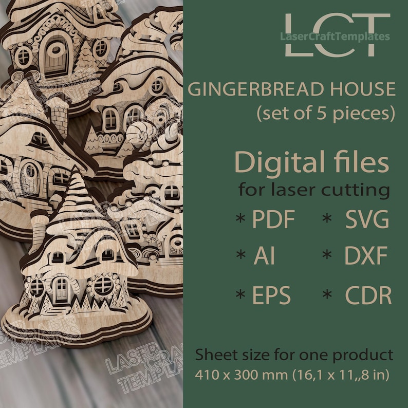 May include: Laser-cut wooden gingerbread house set of 5 pieces. The houses feature intricate details, including windows, doors, and decorative roof lines. The image also includes the text "GINGERBREAD HOUSE (set of 5 pieces)" and "Digital files for laser cutting". The sheet size is 16.1 x 11.8 in.