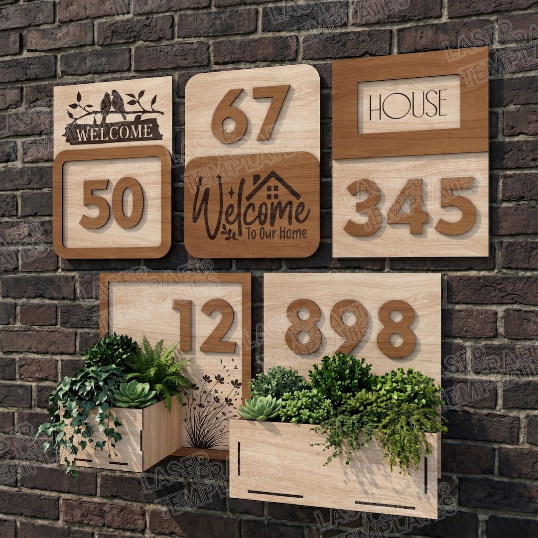 5 House Number SVG Bundle Laser Cut Address Sign Welcome Planter Modern ...