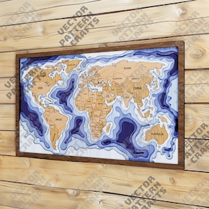 Meerlaagse wereldkaart kunst aan de muur lasergesneden svg-bestand Glowforge meerlagige wereldkaart 3D-muurkunst svg cricut wereldkaart wandpaneel dxf-sjabloon