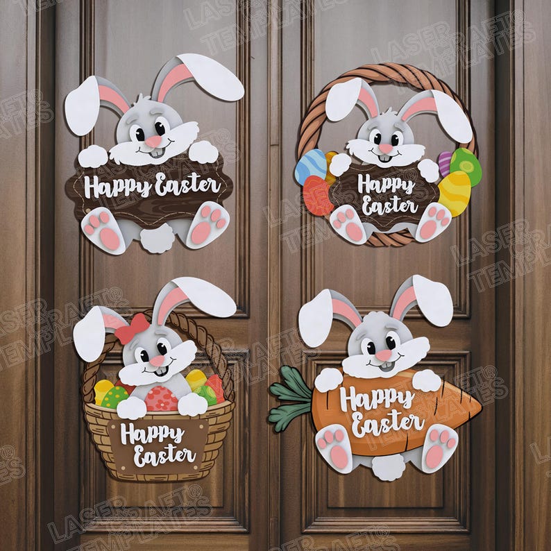 Pode incluir: Quatro decora&ccedil;&otilde;es de coelhinho da P&aacute;scoa diferentes com o texto "Feliz P&aacute;scoa" em cada uma. Os coelhos est&atilde;o segurando uma cesta, uma cenoura, uma coroa e uma placa. As decora&ccedil;&otilde;es s&atilde;o feitas de madeira e s&atilde;o pintadas em cinza, marrom e branco.