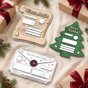 Peut inclure: Trois modèles de liste de souhaits de Noël en bois : une lettre Dear Santa en forme de parchemin beige, une lettre Dear Santa en forme de sapin vert et une enveloppe My Wish List to Santa blanche avec un faux sceau de cire et des champs à remplir.