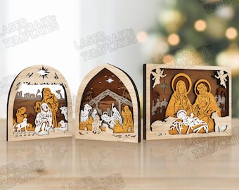 3 Nativity Scene SVG Laser Cut Multilayer Holy Family Christian Christmas  Wall Art