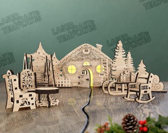 Archivo SVG cortado con láser de la escena de la casa de Papá Noel de Navidad Glowforge SVG de la casa de Papá Noel de pie Decoración de Papá Noel de Navidad cortada con láser