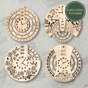 4 Perpetual Calendar wall clock laser cut svg file Glowforge calendar wall clock svg template Calendar dxf template Wall clock laser