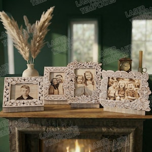 May include: A collection of wooden photo frames with intricate floral and geometric designs. Each frame holds a photograph, showcasing family portraits. The frames are displayed on a wooden surface, creating a warm and inviting atmosphere.