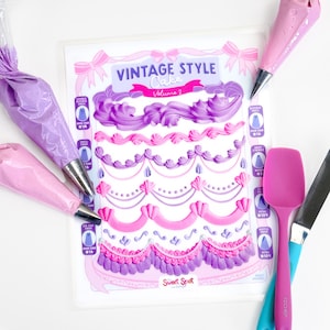 Può includere: Un foglio di plastica trasparente con un design "Vintage Style Cake Volume 2", con motivi di glassa viola e rosa. Include sac à poche, una spatola rosa e un coltello. Il foglio presenta vari disegni di beccucci.