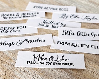 Fabric name tags, 30x cotton name labels, two line personalization, lettering only, any color, sew on, iron on, uncut 2.75"x0.75"