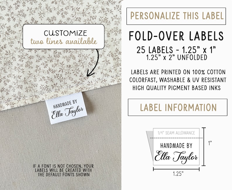 Fabric sewing tags, 25x labels, 1.25x1 fold-over, cotton label, personalize with text, customize label, clothing tag, name tag, uncut image 2