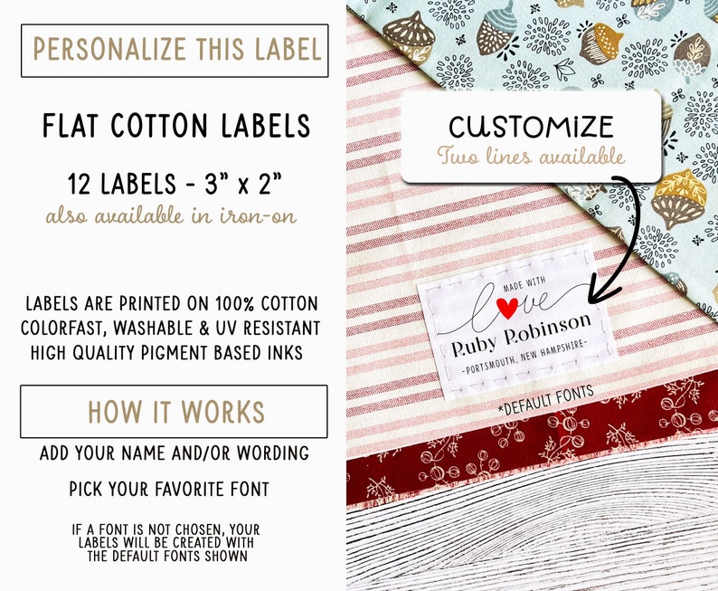 Fabric cotton label, 12 flat labels, iron on, sew on, Personalized tag, clothing label, fabric tag, sewing label, printed label, uncut image 2