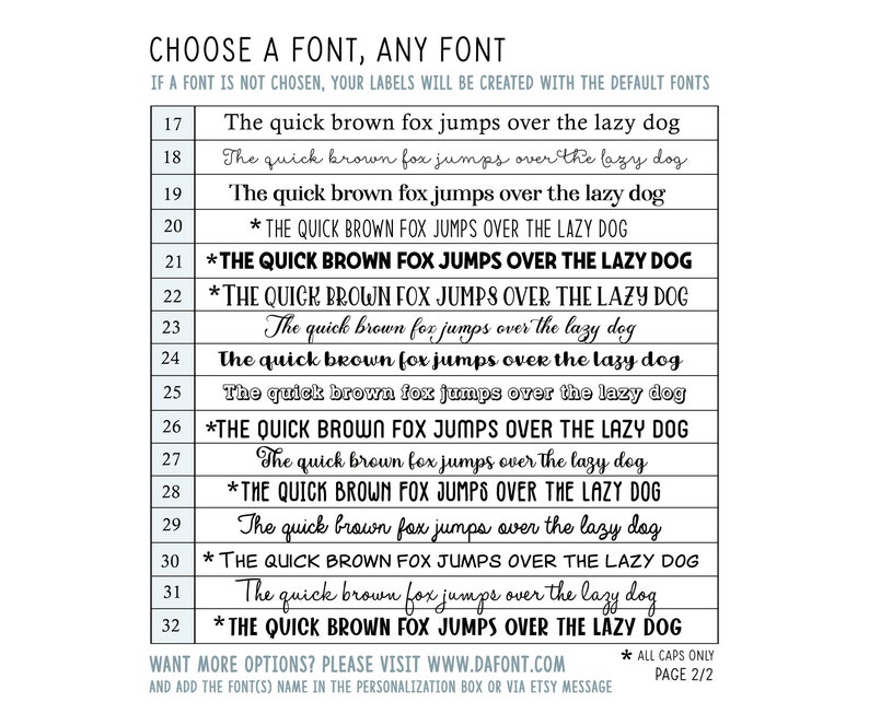 Puede incluir: Un gr&aacute;fico que muestra diferentes estilos de fuente para la frase "The quick brown fox jumps over the lazy dog". El gr&aacute;fico est&aacute; numerado del 17 al 32. El texto "Want more options? Please visit www.dafont.com" est&aacute; en la parte inferior del gr&aacute;fico. El texto "* All Caps Only Page 2/2" est&aacute; en la parte inferior derecha del gr&aacute;fico.