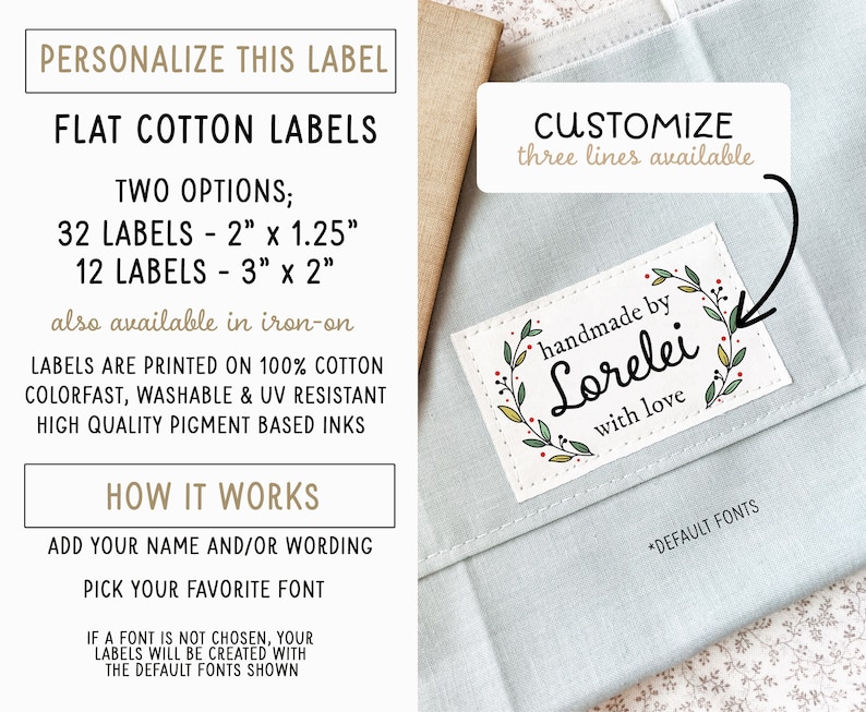 Fabric cotton label, 32 or 12 flat labels, iron on, sew on, Personalized tag, clothing label, fabric tag, leaves colored, uncut image 2