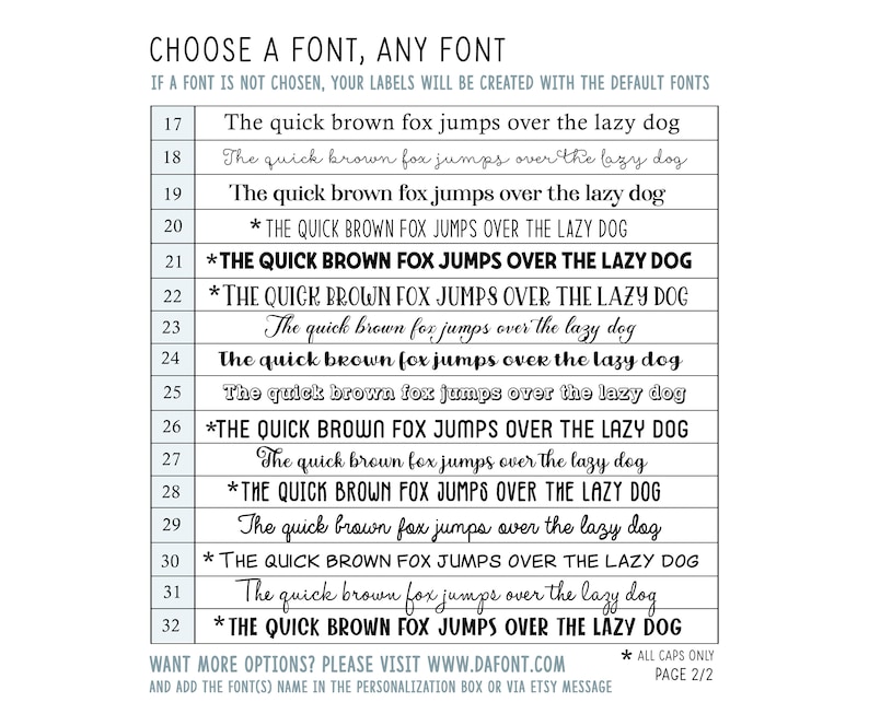 Puede incluir: Un gr&aacute;fico que muestra diferentes estilos de fuente para la frase "The quick brown fox jumps over the lazy dog". El gr&aacute;fico est&aacute; numerado del 17 al 32. El texto "Want more options? Please visit www.dafont.com" est&aacute; en la parte inferior del gr&aacute;fico. El texto "* All Caps Only Page 2/2" est&aacute; en la parte inferior derecha del gr&aacute;fico.