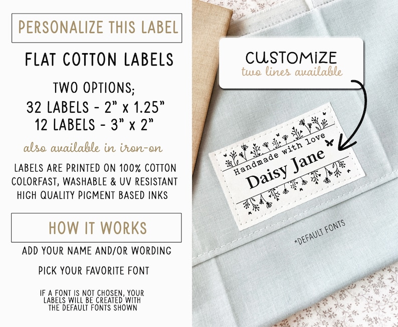 Flat labels, Iron On, Sew on Labels, Cotton, With Logo or Text, Sewing Label, tags for Knitting, gift tags, un cut, handmade, sewing on image 2