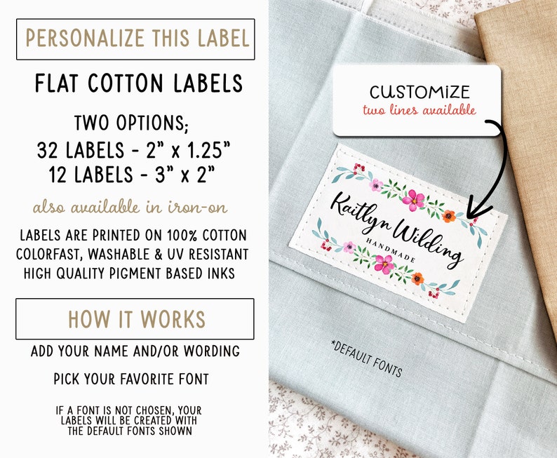 Fabric cotton label, 32 or 12 flat labels, iron on, sew on, Personalized tag, clothing label, fabric tag, sewing label, printed label, uncut image 2